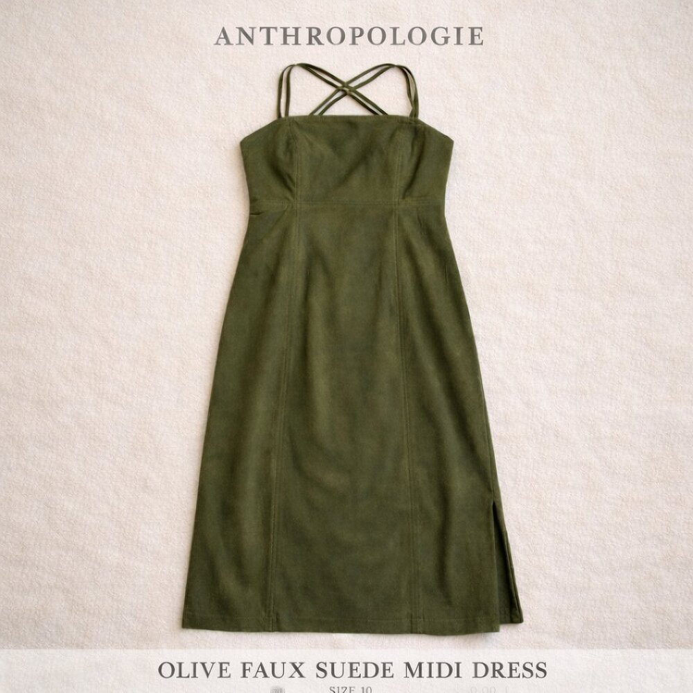 Anthropologie Olive Green, Faux Suede, Criss Cross Straps, Midi Dress- 10